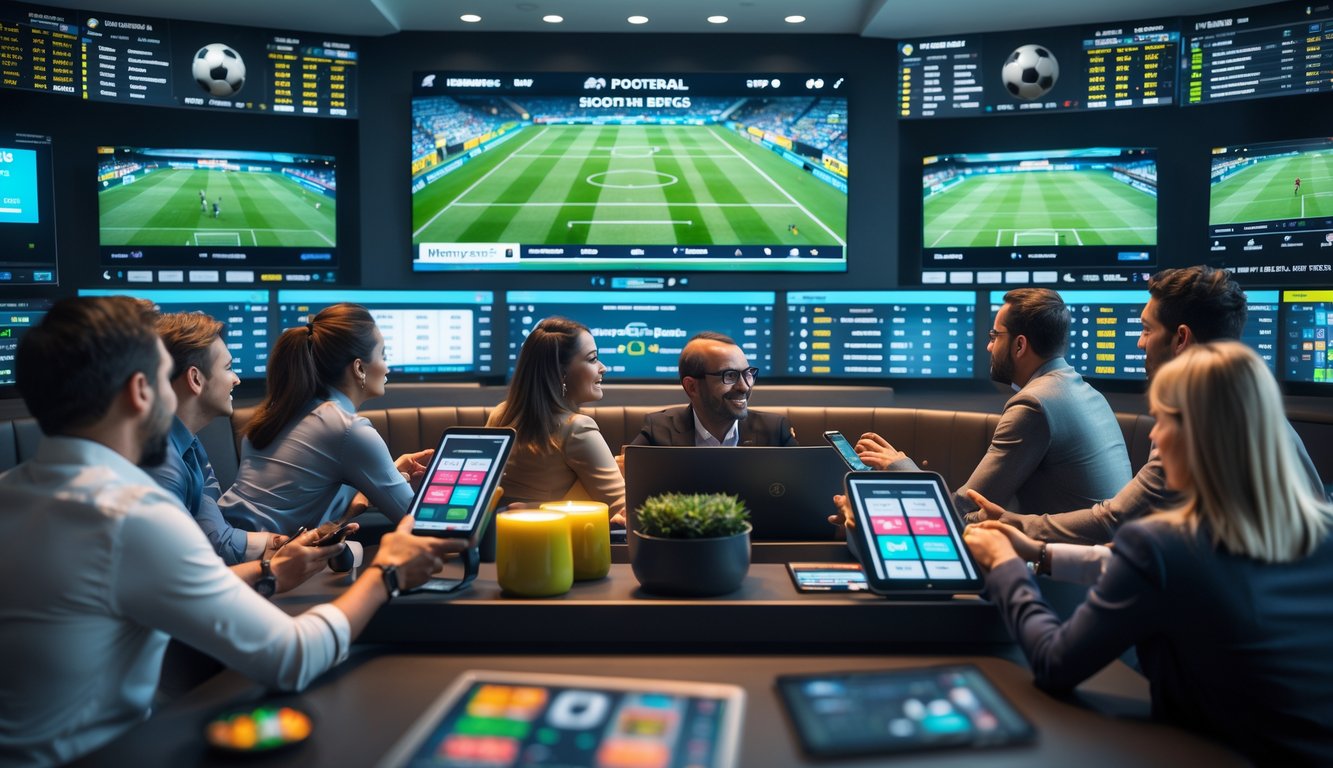 Sekelompok orang sedang memasang taruhan sepak bola secara langsung di ruang taruhan modern dengan layar besar yang menampilkan pertandingan dan peluang taruhan.