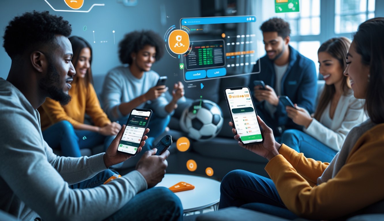 Sekelompok orang muda menggunakan ponsel untuk bertaruh pada pertandingan sepak bola secara online di ruang tamu modern.