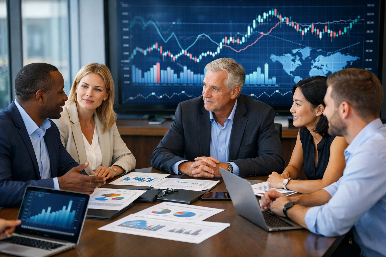 Un groupe de professionnels en réunion dans un bureau moderne, analysant des graphiques financiers et des données économiques sur des ordinateurs et des documents.