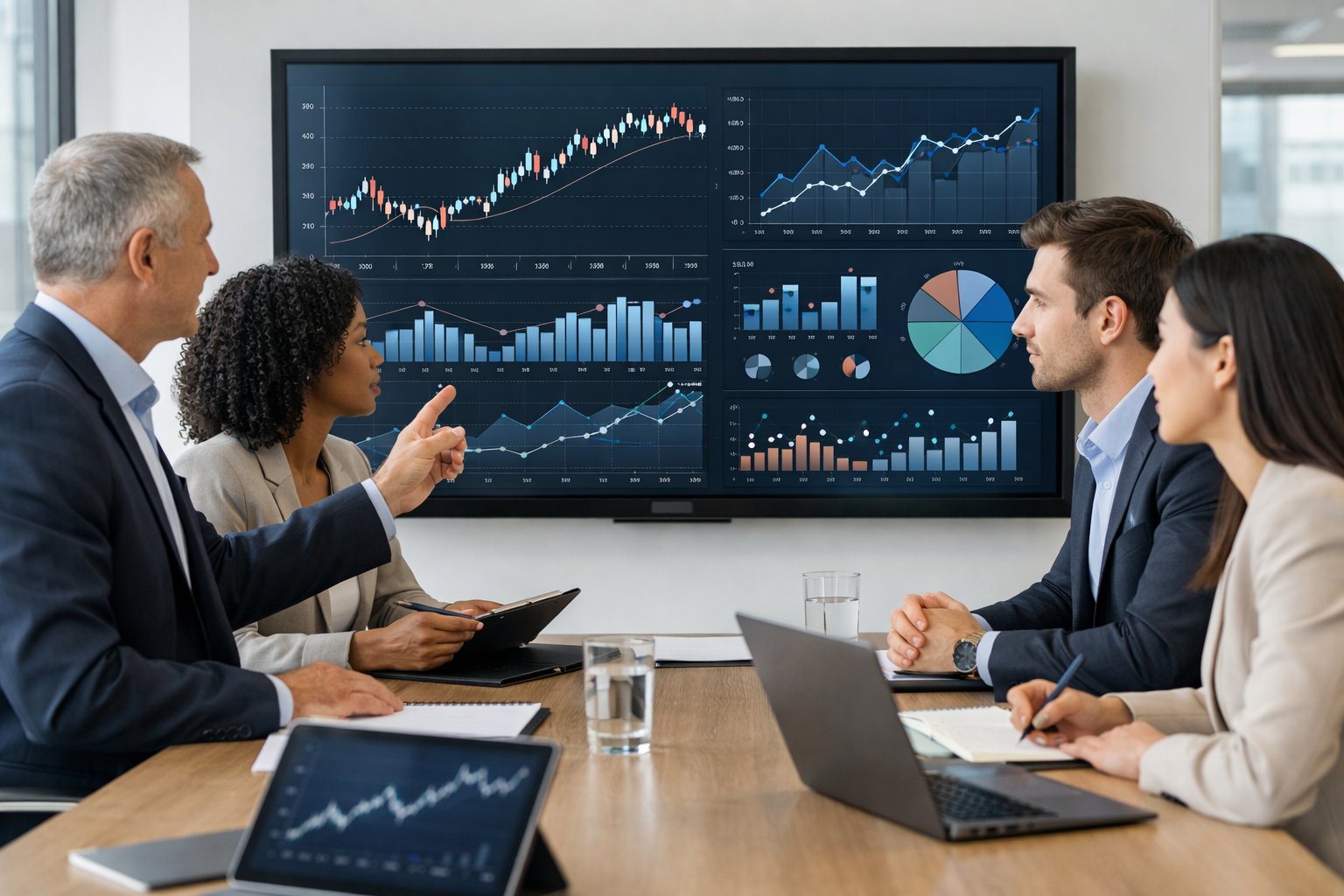 Des professionnels discutant autour d'un écran numérique affichant des graphiques et des données économiques dans une salle de réunion moderne.