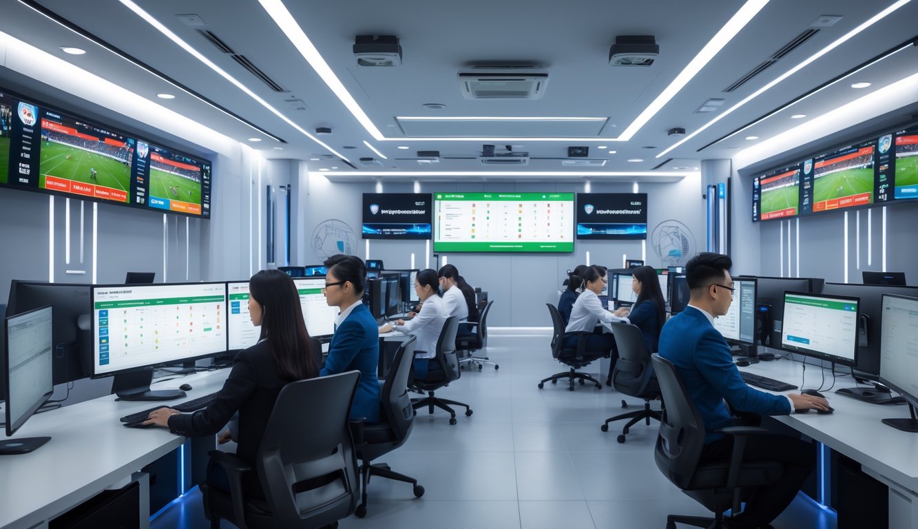 Suasana kantor taruhan olahraga Asia modern dengan sistem keamanan canggih dan staf yang bekerja dengan komputer.