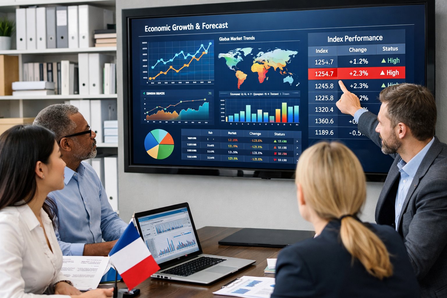 Des professionnels collaborent dans un bureau moderne autour d'un écran affichant des graphiques et des données économiques.