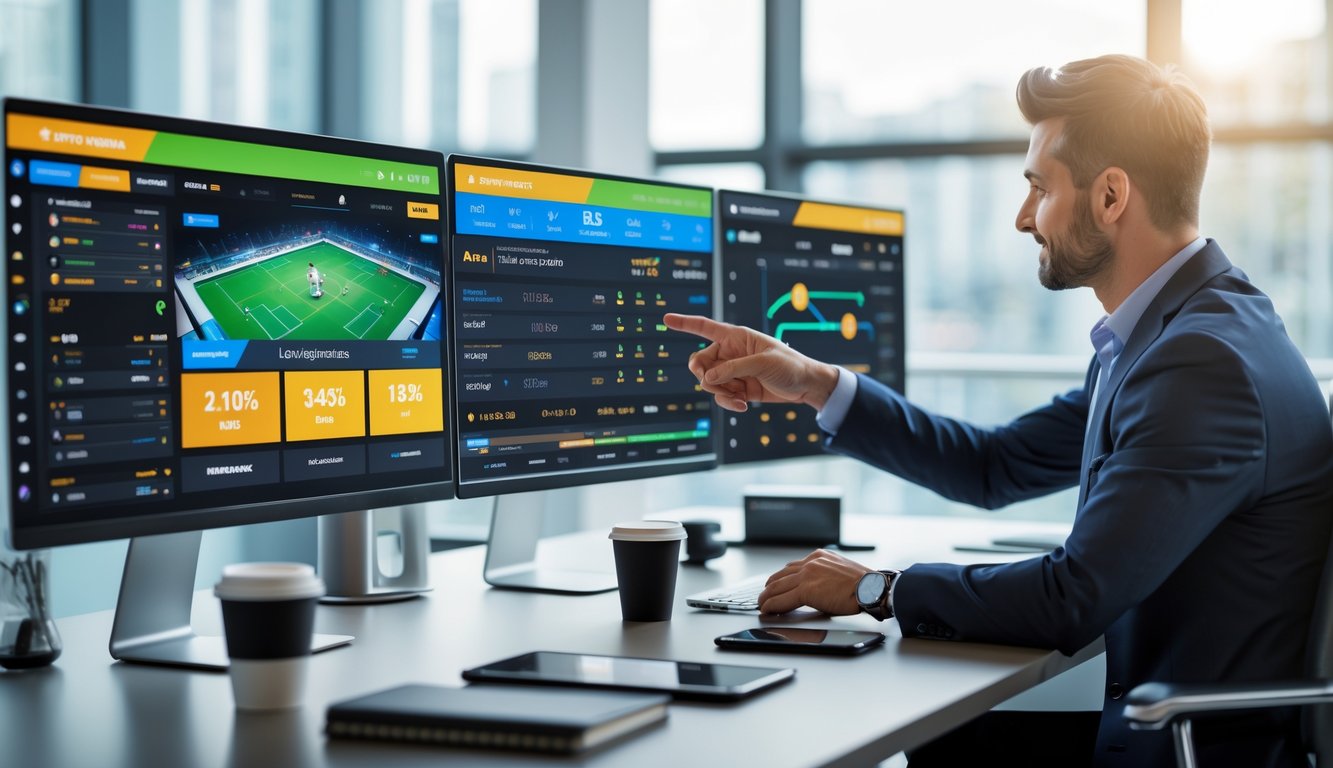 Seseorang di kantor modern menggunakan komputer dengan layar menampilkan data taruhan olahraga dan statistik.