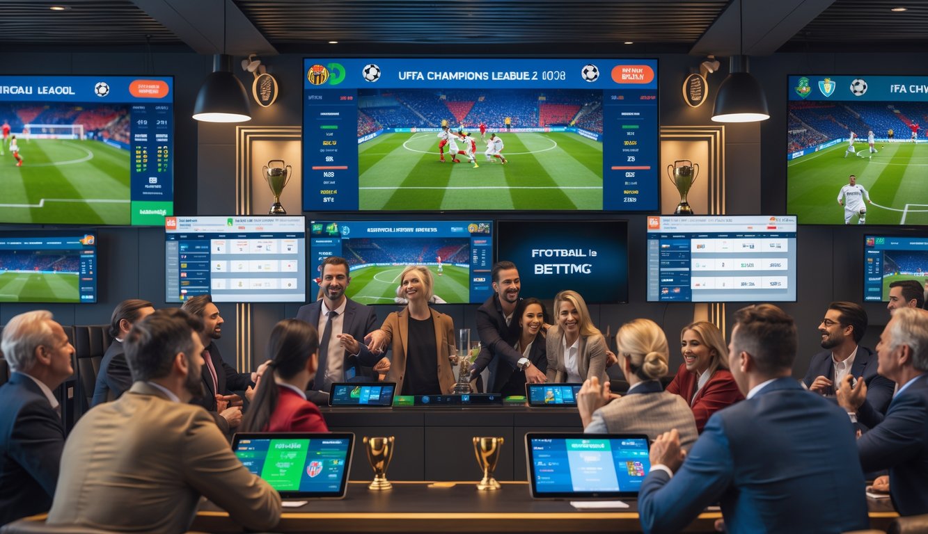 Sekelompok orang sedang menonton pertandingan sepak bola dan memasang taruhan di sebuah ruang taruhan modern dengan layar besar dan suasana ramai.