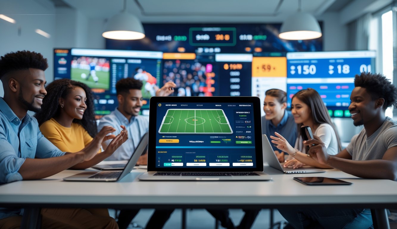 Orang-orang muda menggunakan perangkat digital untuk bertaruh bola online dengan tampilan pertandingan sepak bola dan transaksi cepat di layar.