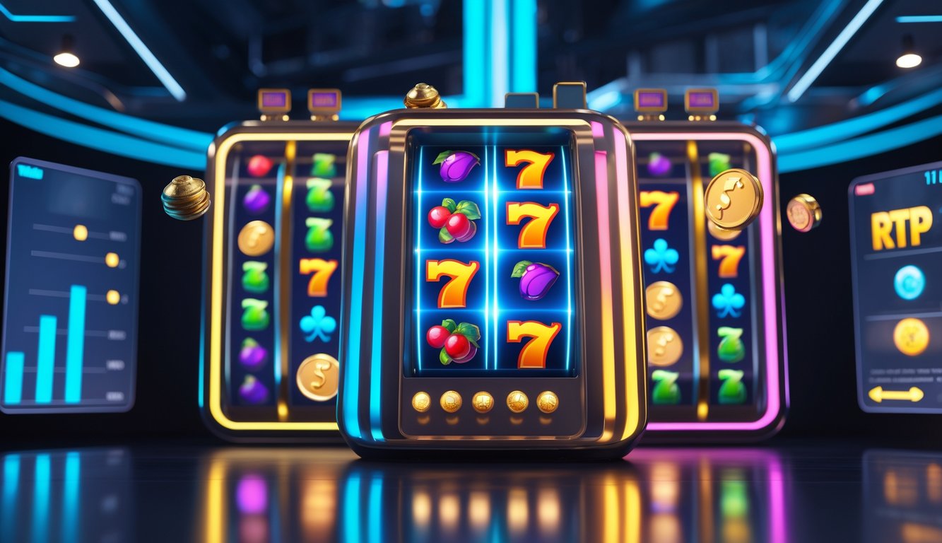 Antarmuka permainan slot online modern dengan gulungan mesin slot berwarna cerah dan elemen grafik yang menunjukkan tingkat kemenangan yang stabil.