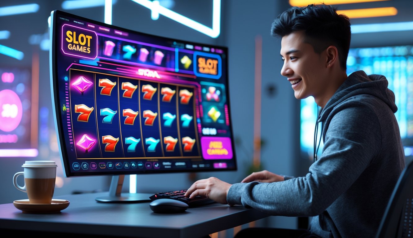 Seorang dewasa muda sedang menggunakan komputer dengan layar menampilkan permainan slot online berwarna-warni di meja yang rapi dan terang.