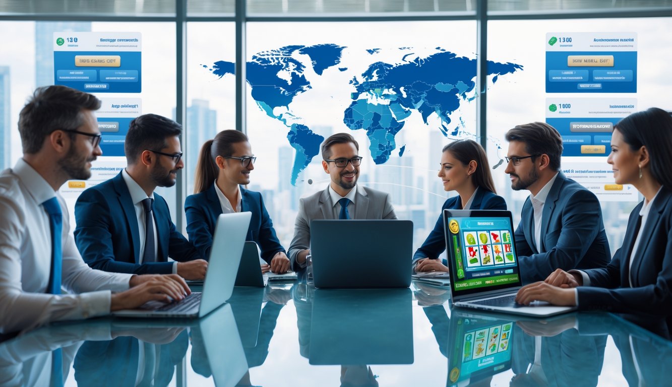 Sekelompok profesional bisnis sedang rapat di kantor modern dengan laptop dan perangkat digital yang menampilkan permainan slot dan sertifikat lisensi internasional.