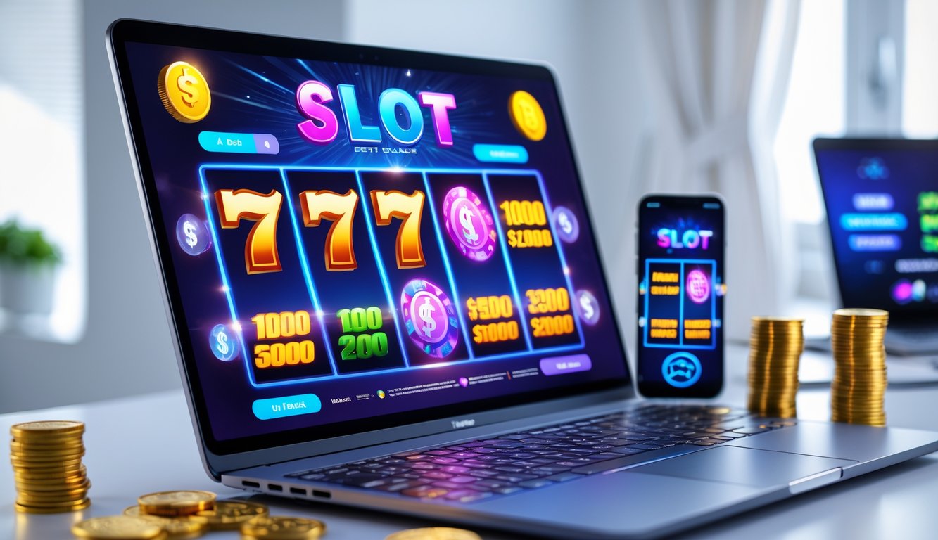 Seseorang menggunakan komputer dan ponsel untuk bermain mesin slot online dengan latar belakang suasana rumah atau kantor yang rapi.