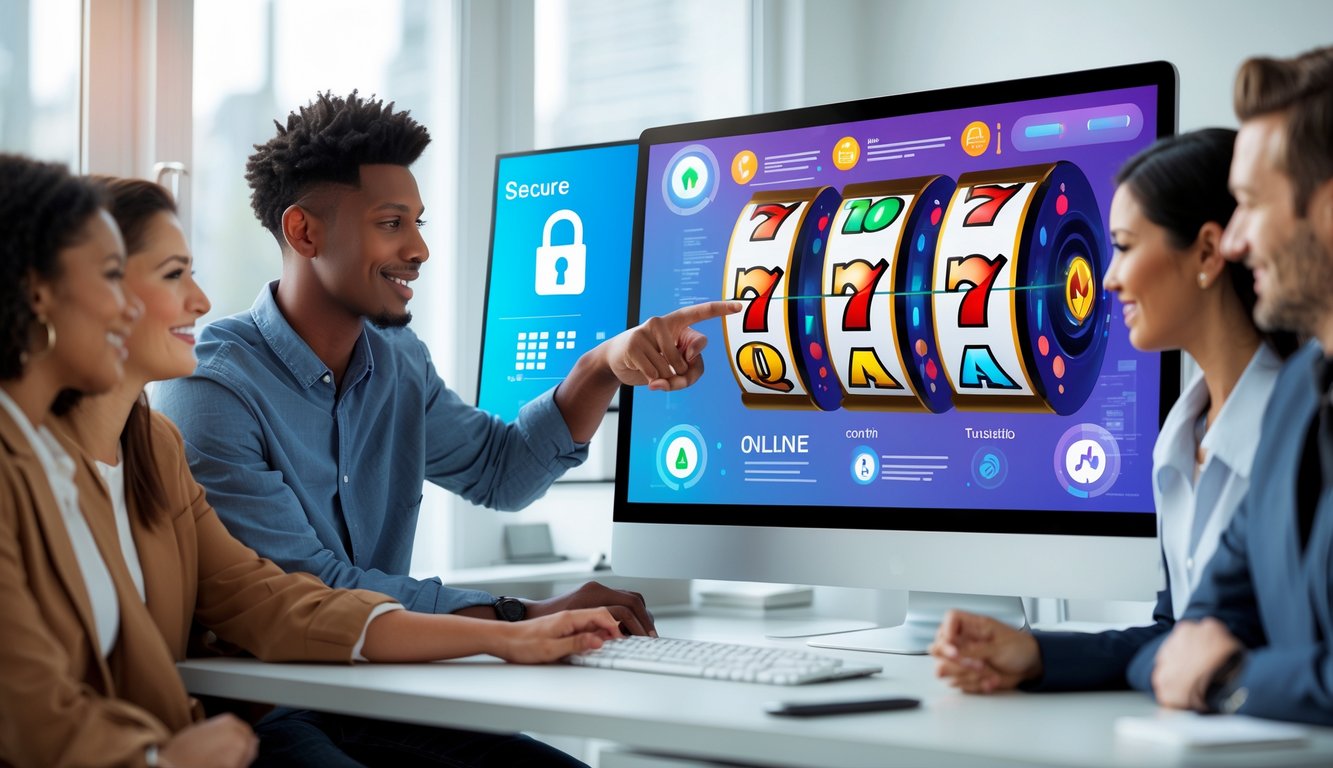 Sekelompok orang sedang berdiskusi di depan komputer dengan tampilan grafik mesin slot dan ikon keamanan di layar.
