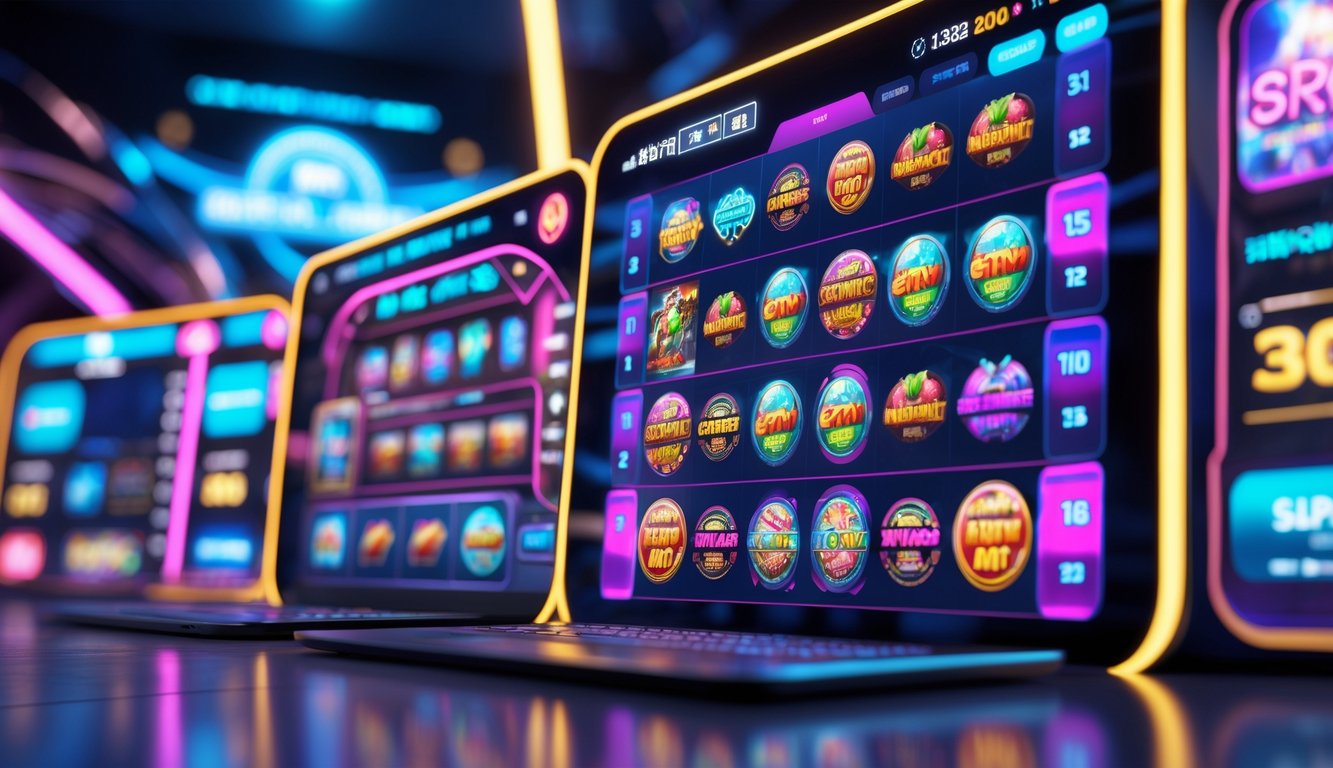 Suasana permainan slot online modern dengan berbagai layar menampilkan berbagai jenis permainan slot yang berwarna-warni dan latar belakang teknologi tinggi.