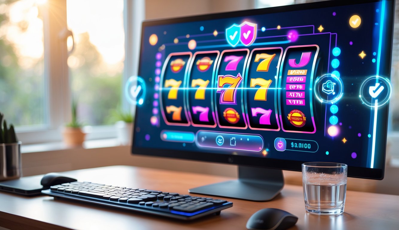 Layar komputer menampilkan permainan slot online dengan grafik warna-warni dan simbol keamanan di ruang kerja modern yang terang.