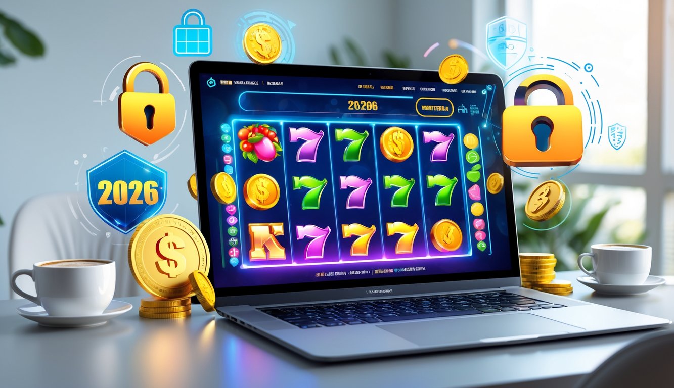 Sebuah meja kerja dengan komputer menampilkan permainan slot online yang aman dan menarik, dikelilingi simbol keamanan dan hadiah.