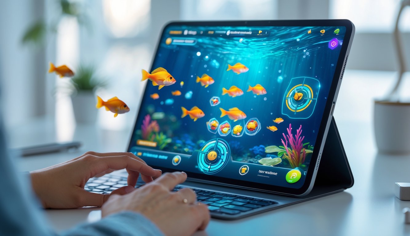 Seseorang menggunakan perangkat modern dengan layar menampilkan permainan menembak ikan online berwarna-warni di lingkungan kerja yang bersih dan rapi.