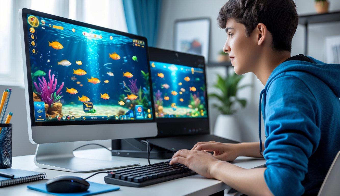 Seseorang sedang menggunakan komputer dan ponsel untuk bermain permainan tembak ikan online di ruangan yang terang dan nyaman.