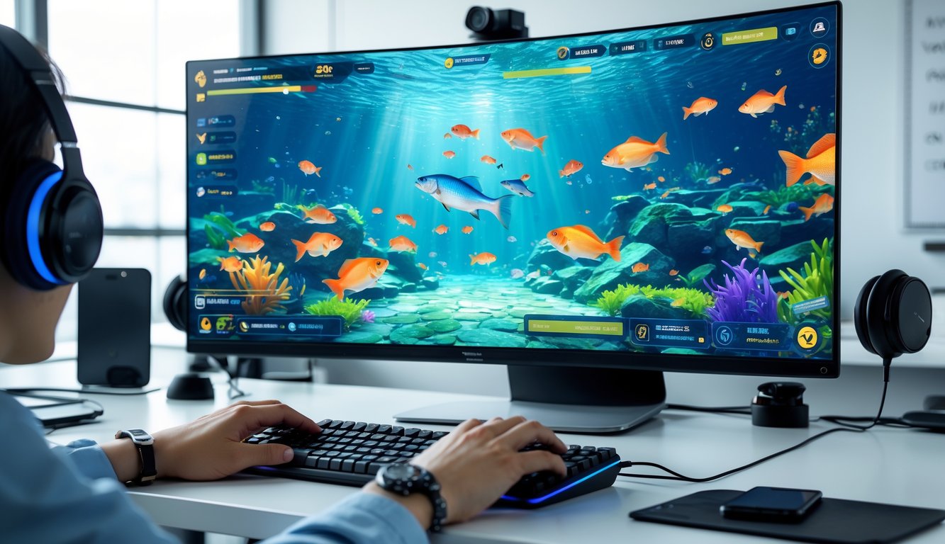 Seorang pemain menggunakan komputer dengan layar yang menampilkan permainan menembak ikan berwarna-warni di lingkungan kantor yang rapi dan modern.