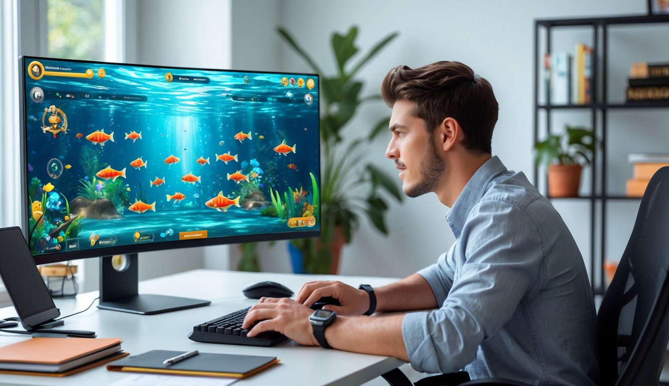 Seorang pria muda duduk di depan komputer bermain permainan tembak ikan online dengan fokus dan serius.