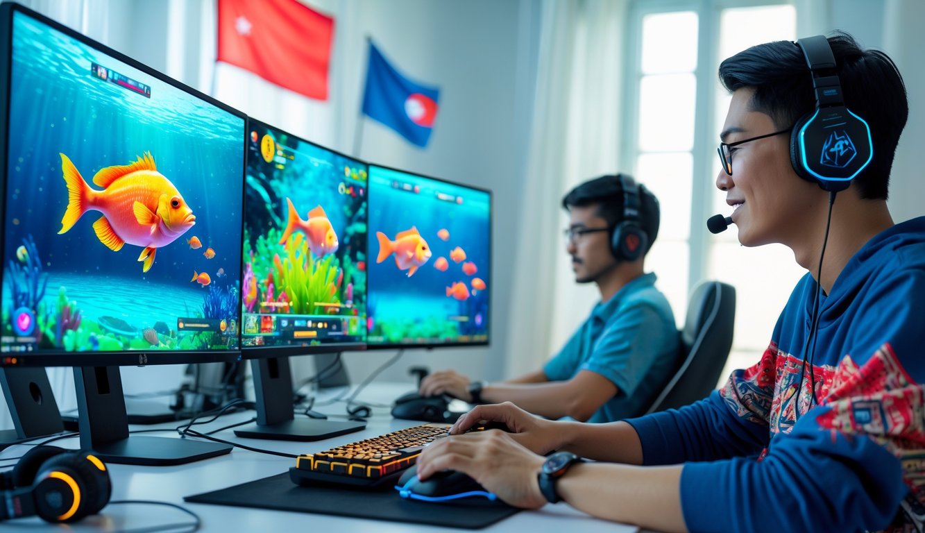 Dua orang muda sedang bermain game tembak ikan online di ruangan modern dengan layar komputer yang menampilkan grafis ikan warna-warni.
