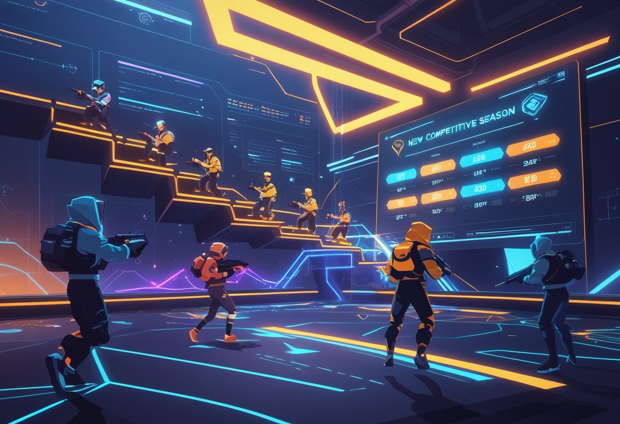 A digital gaming scene showing a leaderboard with ascending ranks and players competing in a futuristic virtual arena.