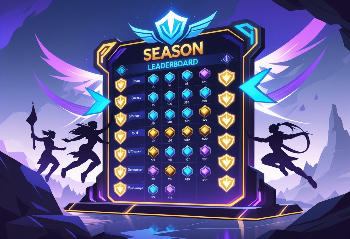 An illustration showing a ranked leaderboard with different tiers and champion silhouettes around it, representing League of Legends placements for a new season.