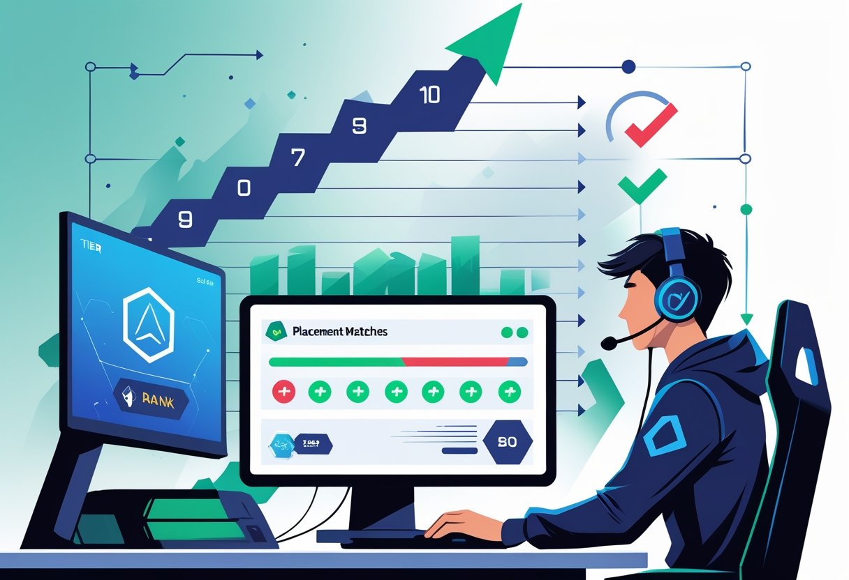A gamer at a computer desk viewing a ranking chart showing progress through competitive match results with arrows indicating wins and losses.