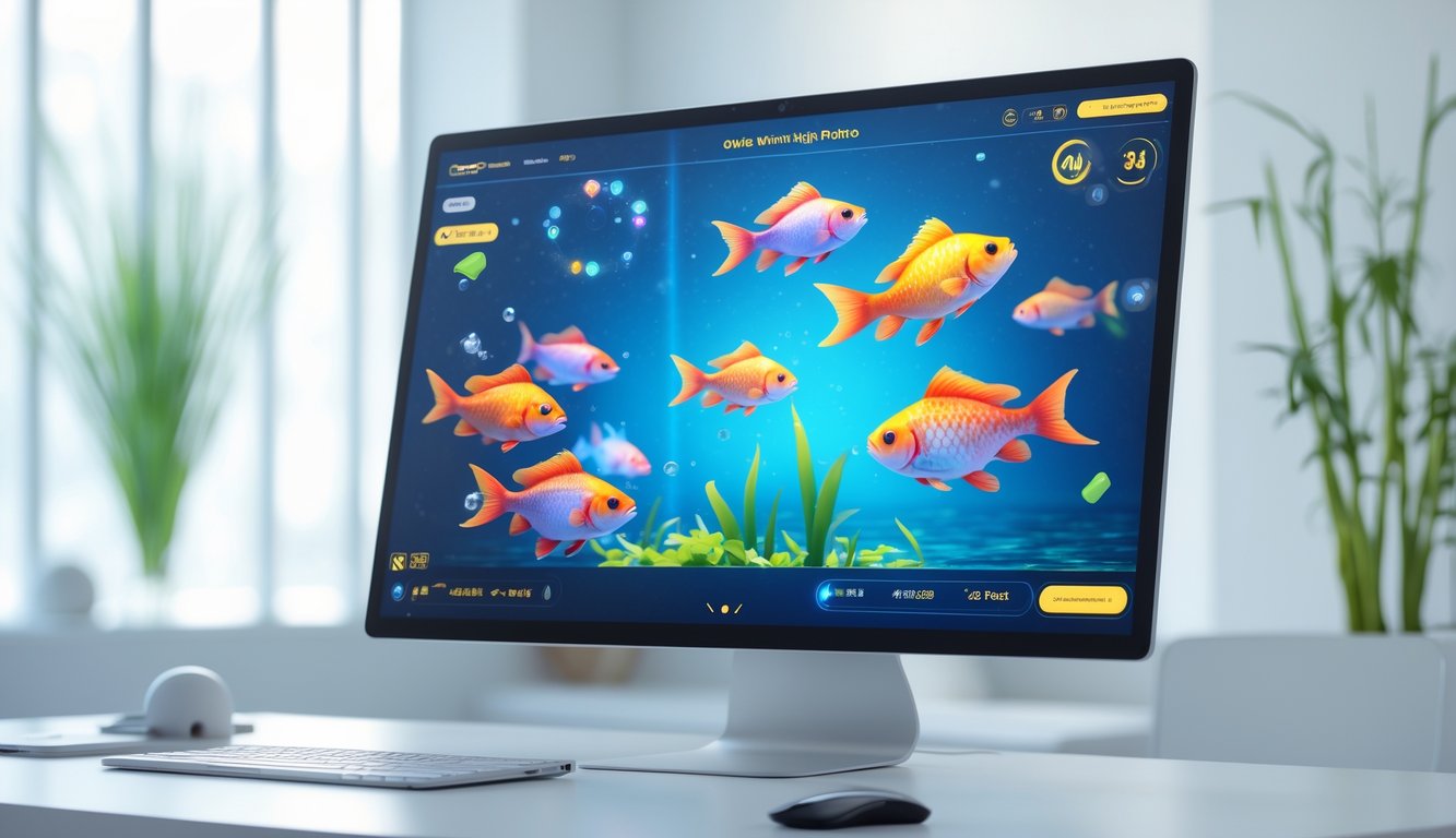 Sebuah layar komputer menampilkan permainan tembak ikan online dengan ikan berwarna-warni berenang di layar dalam ruang kerja yang terang dan rapi dengan elemen dekorasi Asia di latar belakang.