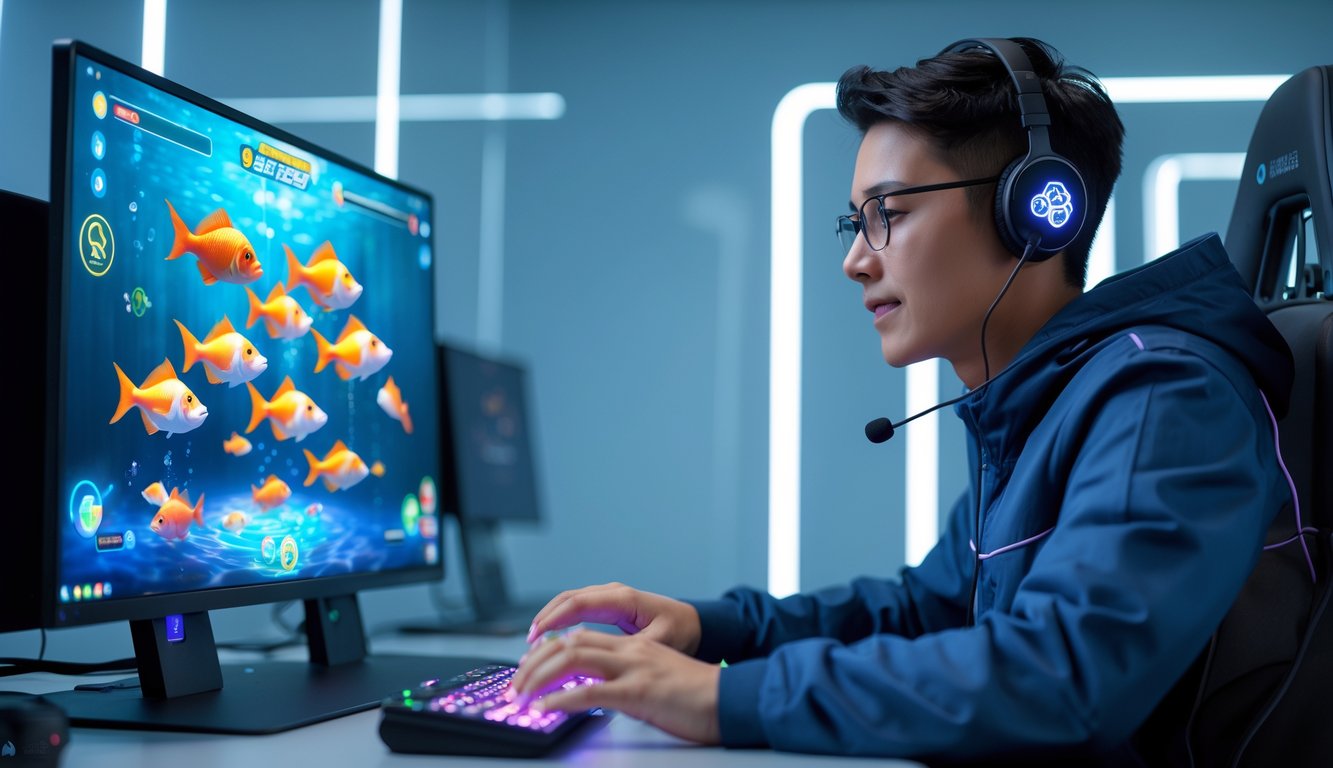 Seorang pemain menggunakan komputer dengan layar menampilkan permainan tembak ikan online, berada di ruangan terang dan modern.
