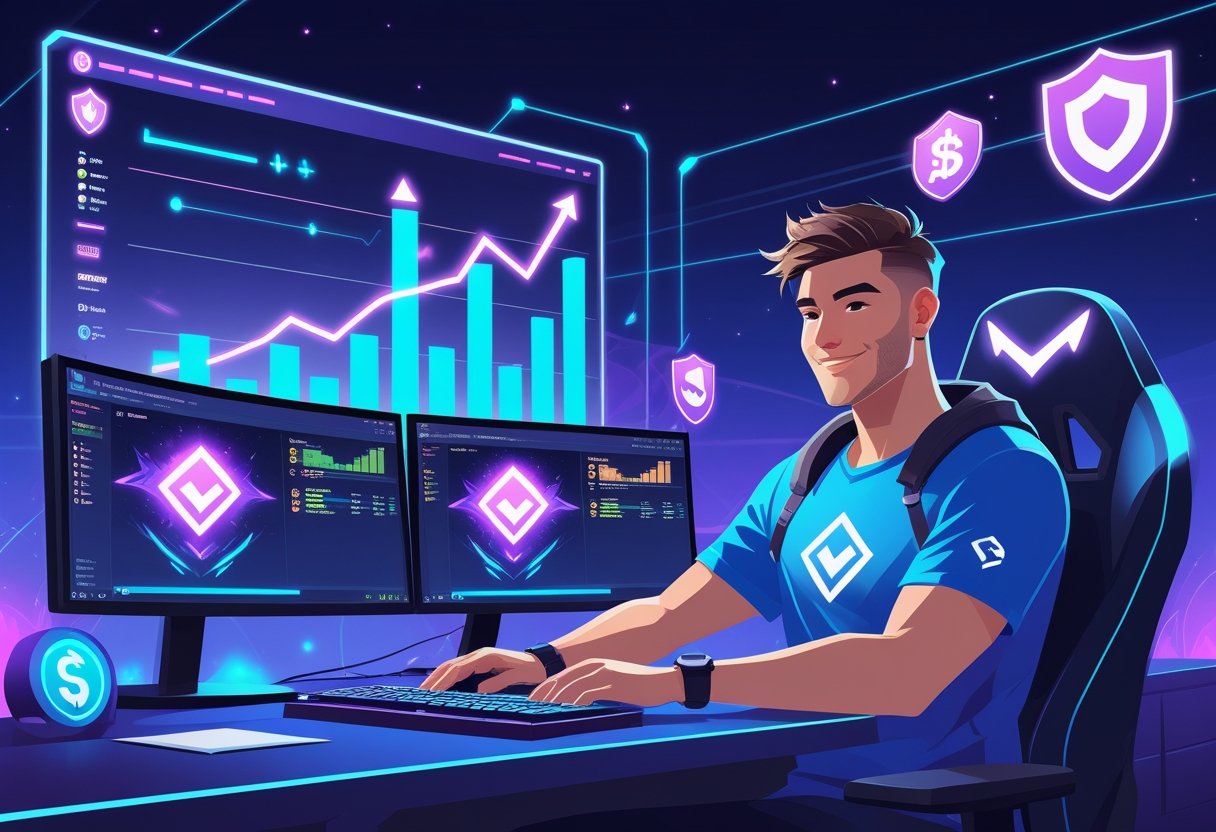 A gamer at a computer surrounded by screens showing League of Legends gameplay and ranking progress, with icons of trophies and upward graphs symbolizing rank boosts and success.