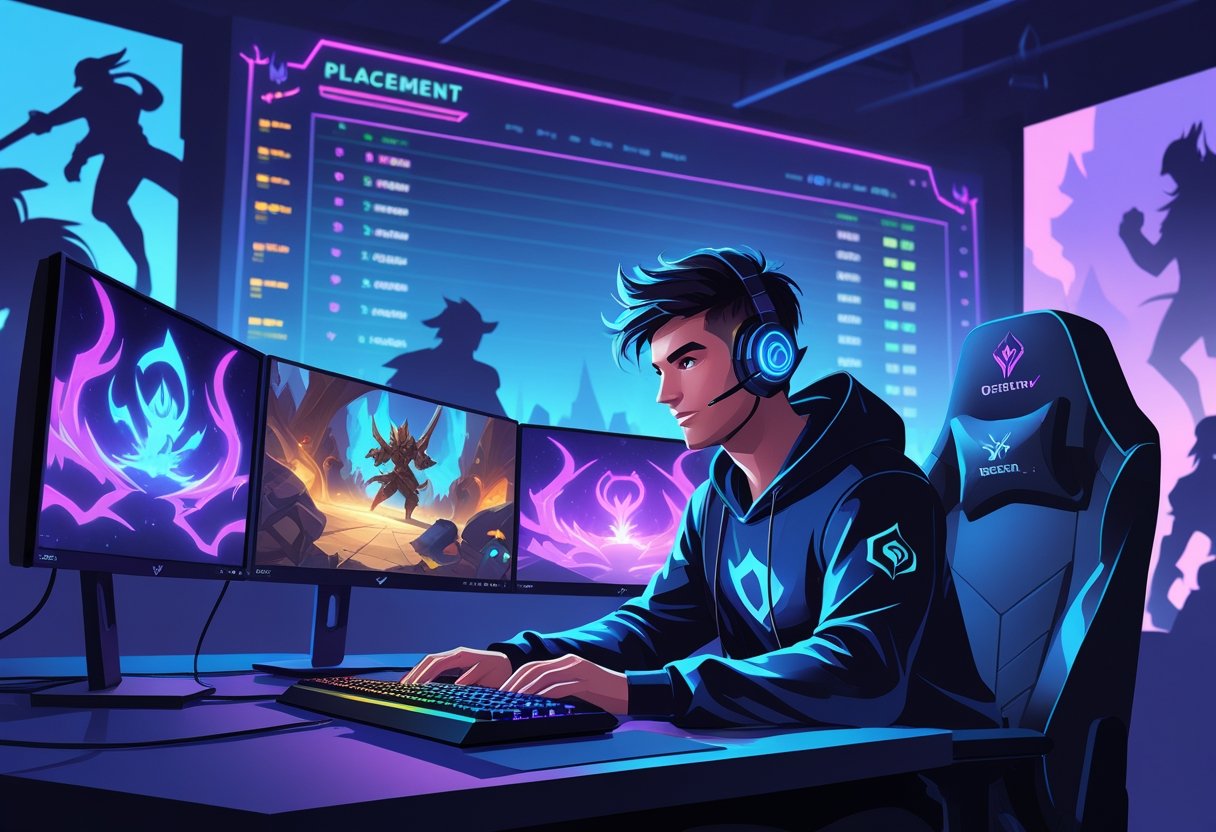 A gamer at a computer with multiple screens showing fantasy battle scenes and a glowing ranking chart behind them, surrounded by silhouettes of fantasy characters.