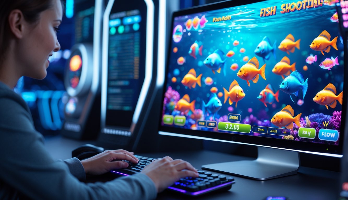 Seseorang bermain game tembak ikan online di komputer dengan layar menampilkan grafis ikan berwarna-warni dan simbol jackpot.