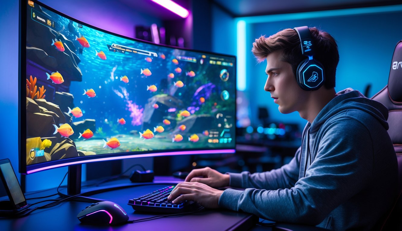 Seorang pria muda fokus bermain permainan tembak ikan online di depan komputer dengan latar belakang ruangan berlampu biru dan ungu.