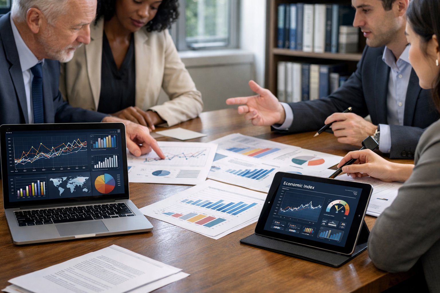 Des professionnels en réunion autour d'une table avec des graphiques et des appareils numériques, discutant de données économiques.