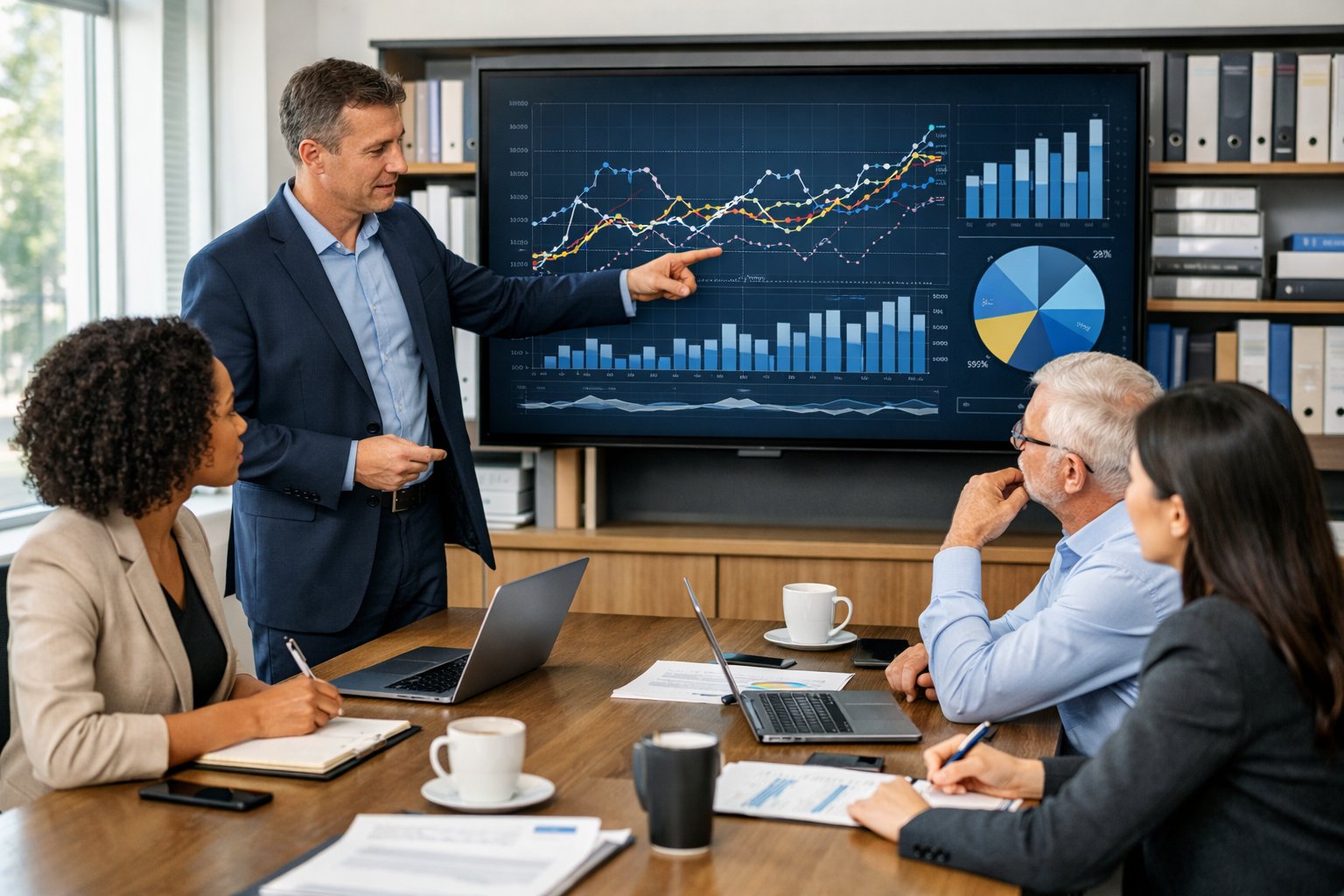 Des professionnels en réunion dans un bureau moderne, discutant devant un écran affichant des graphiques et des données économiques.
