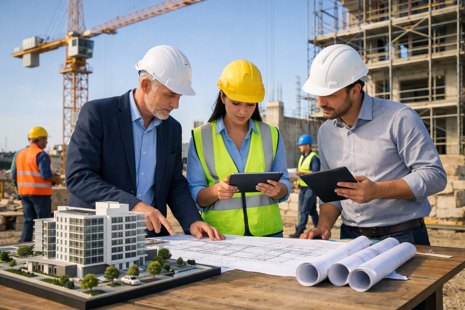 Des ingénieurs et ouvriers sur un chantier de construction examinent des plans et un modèle architectural sous un ciel clair.