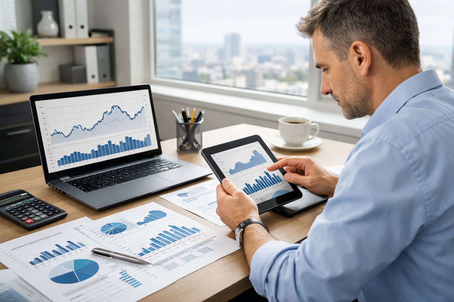 Une personne en tenue professionnelle consulte des données économiques sur un ordinateur portable et une tablette dans un bureau lumineux et moderne.