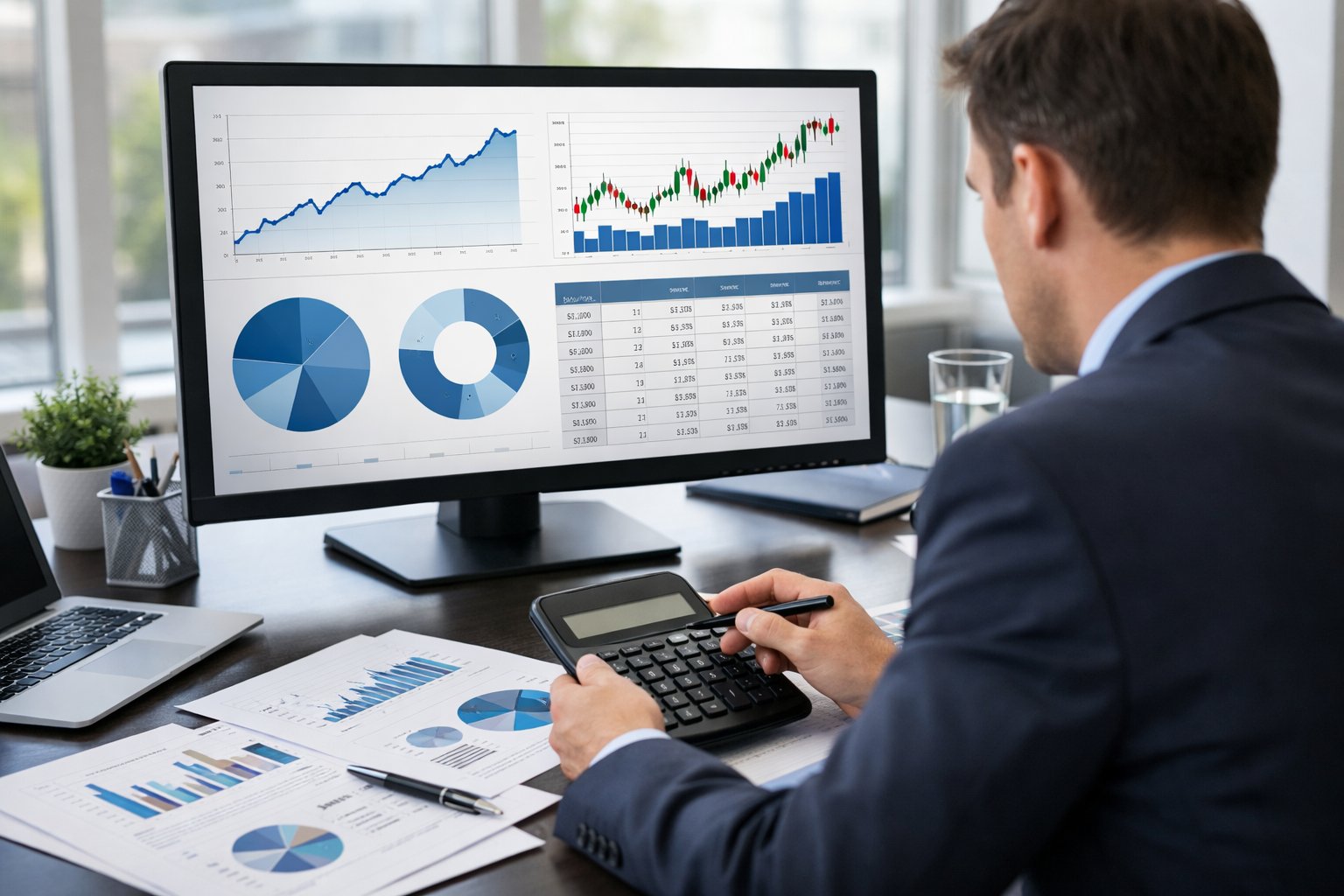 Un professionnel dans un bureau moderne analyse des données financières sur un écran d’ordinateur, avec des documents et une calculatrice sur le bureau.