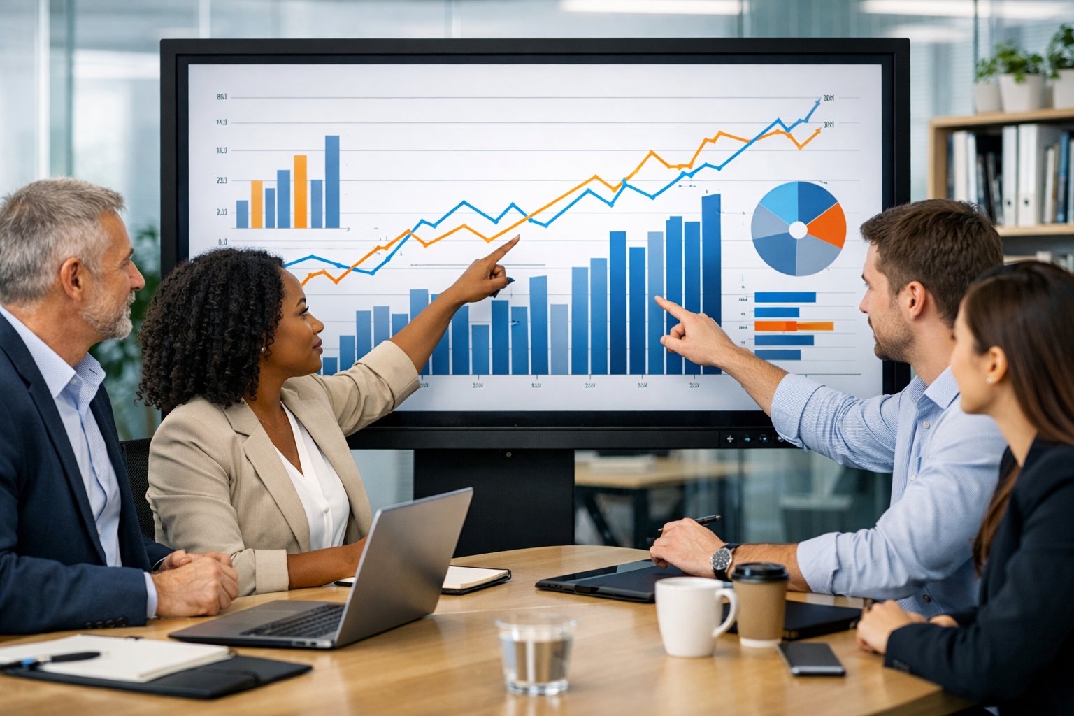 Des professionnels en réunion dans un bureau moderne, analysant des graphiques économiques sur un écran tactile interactif.
