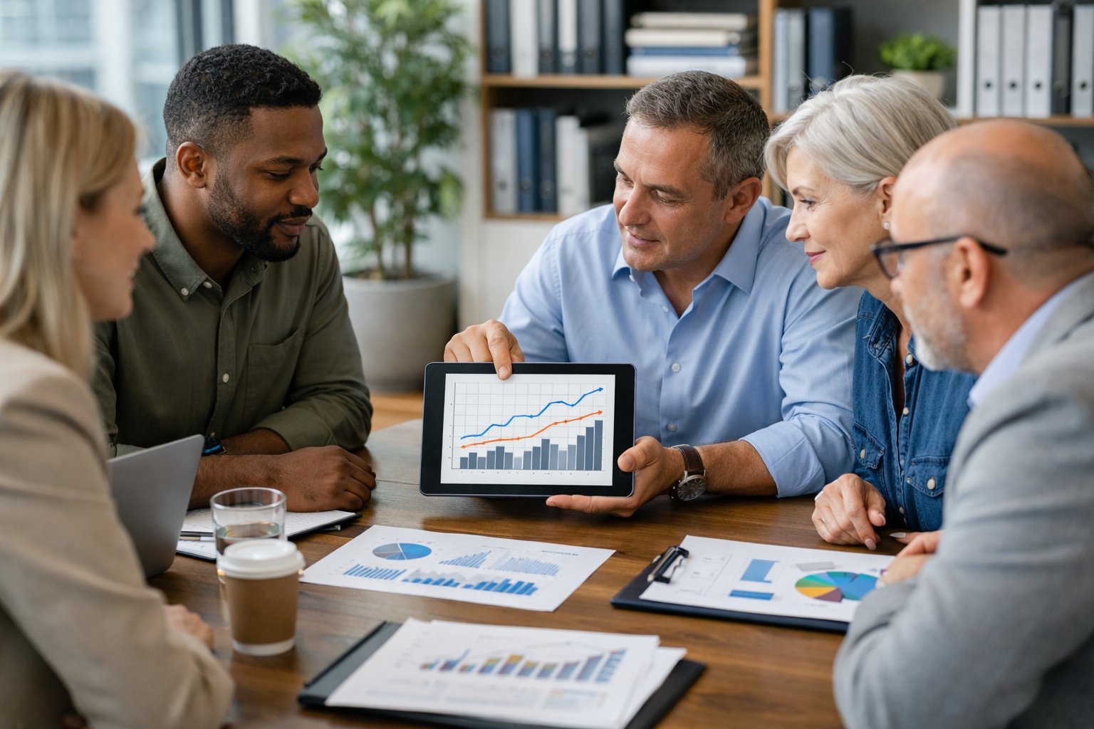 Un groupe de professionnels en réunion dans un bureau moderne, discutant autour d'une table avec des ordinateurs portables et des documents financiers.