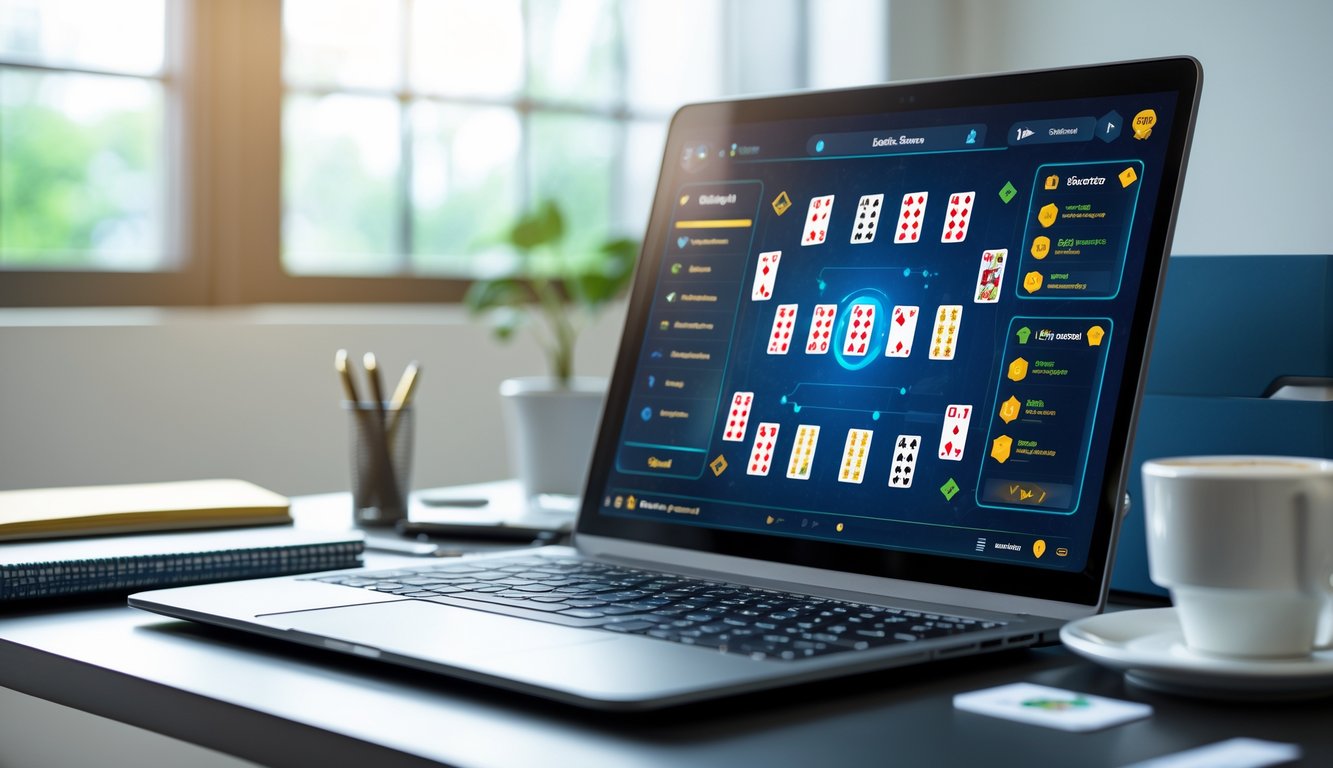 Seorang pria duduk di depan laptop dengan permainan kartu digital di layar, di meja terdapat buku catatan dan secangkir kopi di ruang kerja yang terang.