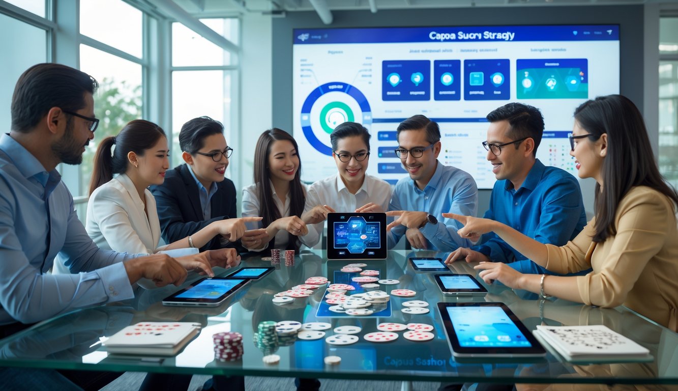 Sekelompok orang sedang berdiskusi strategi permainan kartu Capsa Susun di ruang kantor modern dengan perangkat digital dan kartu di atas meja.