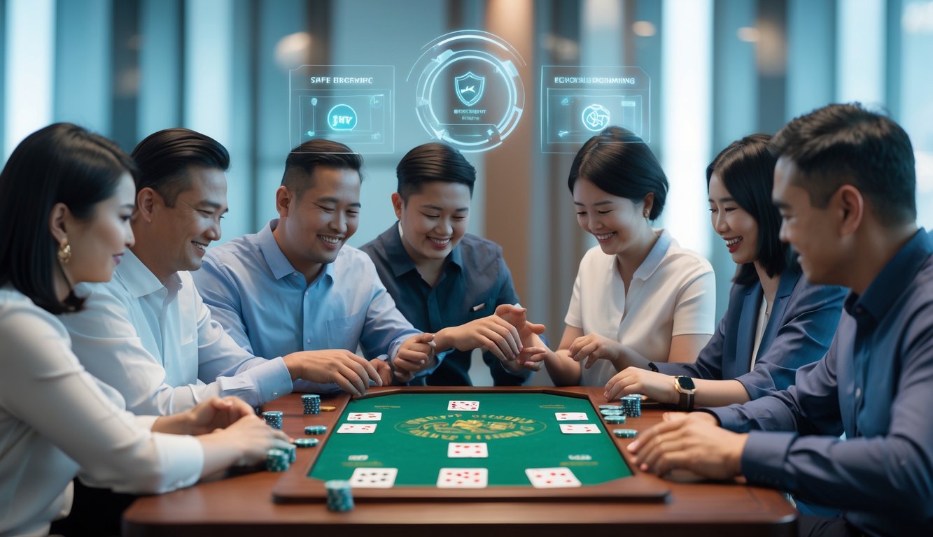 Beberapa orang bermain kartu Capsa Susun bersama di meja dalam ruangan yang terang dan nyaman.