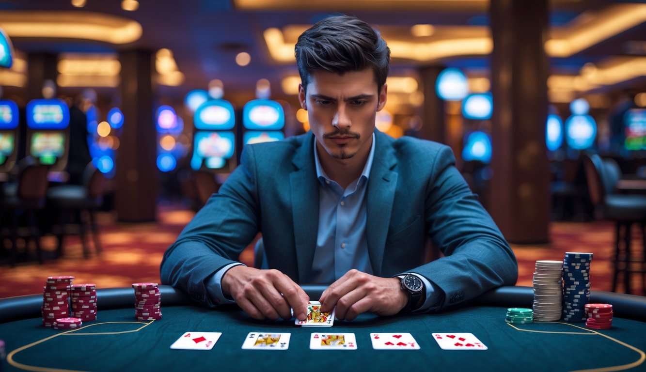 Seorang pria muda fokus duduk di meja poker dengan kartu dan tumpukan chip di kasino modern.