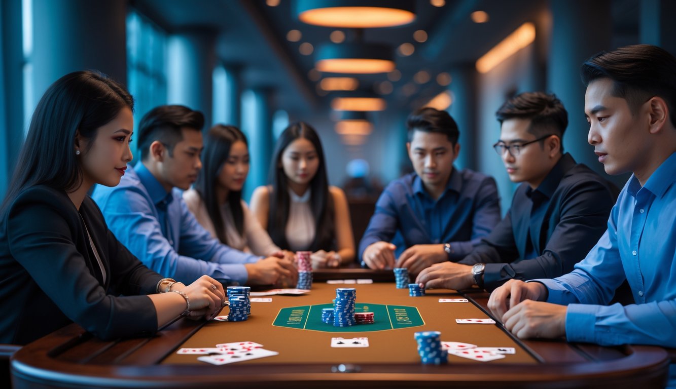 Beberapa orang sedang bermain kartu Capsa Susun di meja kayu dengan tumpukan chip poker, fokus dan serius pada permainan.