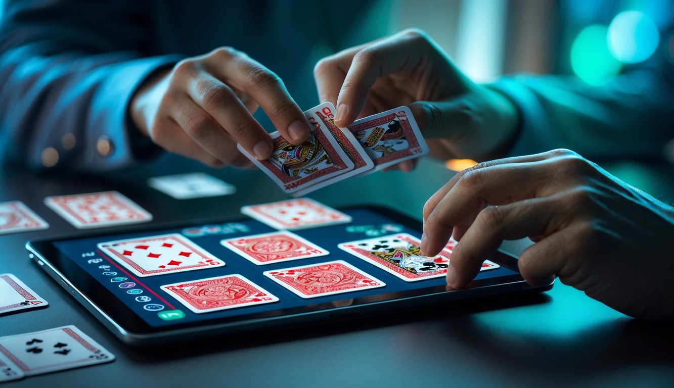 Tangan yang sedang menyusun kartu Capsa Susun di layar tablet dengan latar belakang cahaya biru dan hijau yang samar.