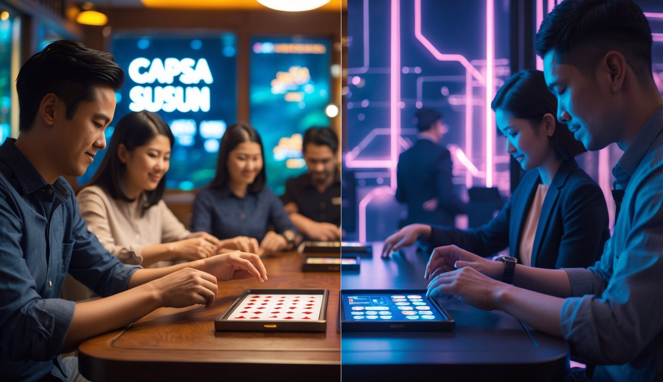 Dua kelompok orang bermain Capsa Susun, satu dengan kartu fisik di meja kayu dan satu lagi menggunakan tablet digital dalam suasana modern.