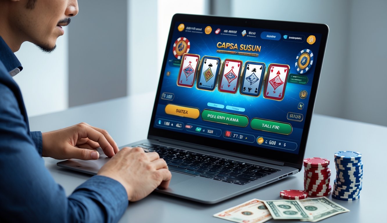 Seseorang sedang bermain permainan Capsa Susun online di laptop dengan tumpukan chip dan uang di meja.