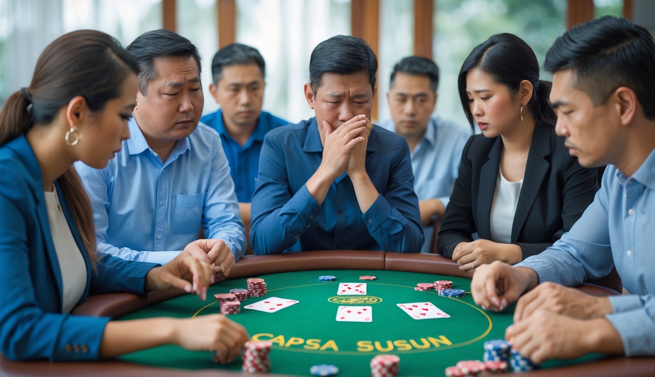 Beberapa pemain berjudi Capsa Susun duduk di meja hijau dengan ekspresi serius dan frustrasi.