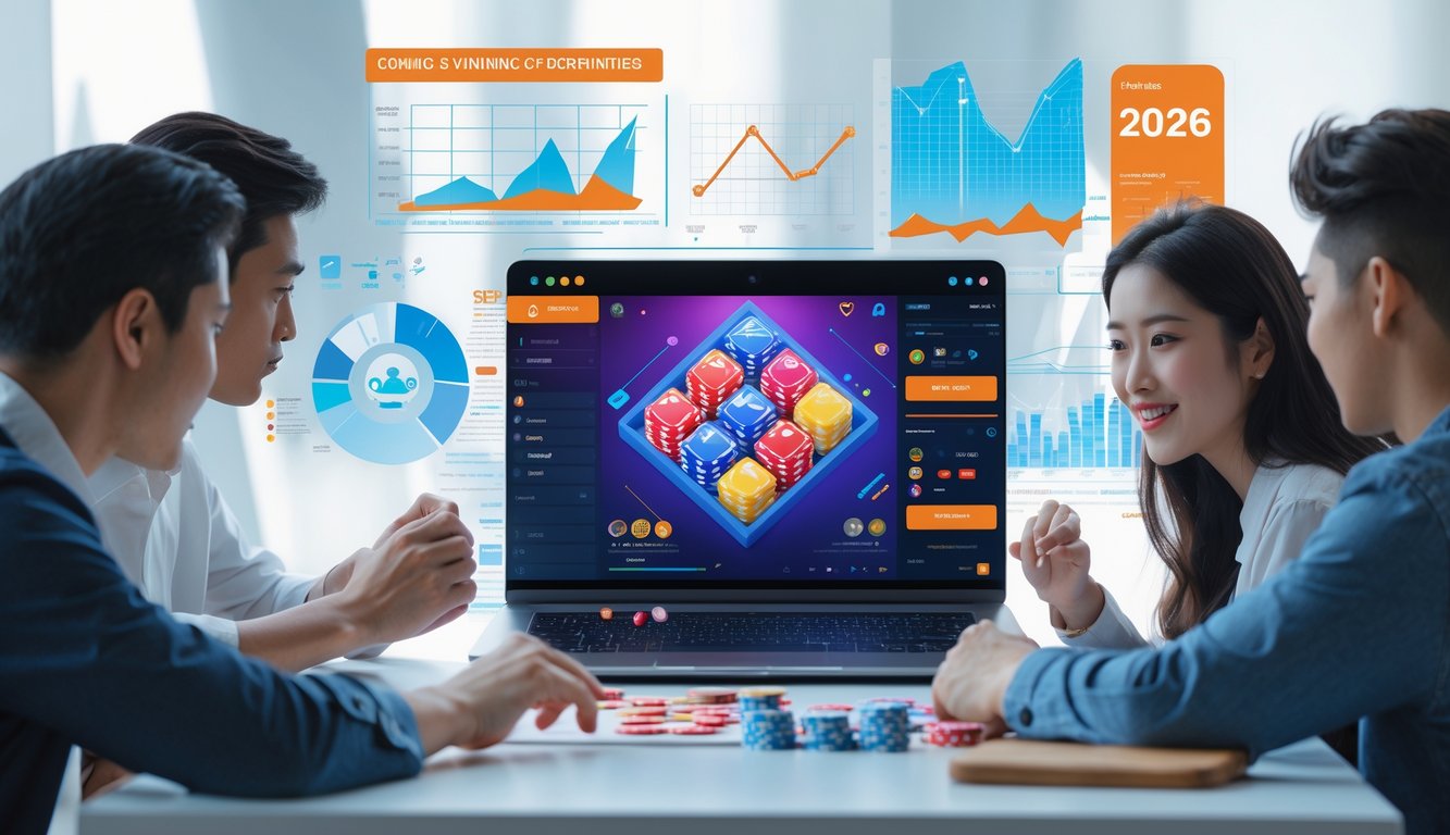 Orang-orang muda berkumpul di sekitar laptop yang menampilkan permainan kartu Capsa Susun dengan grafik dan data prediksi di meja kerja modern.