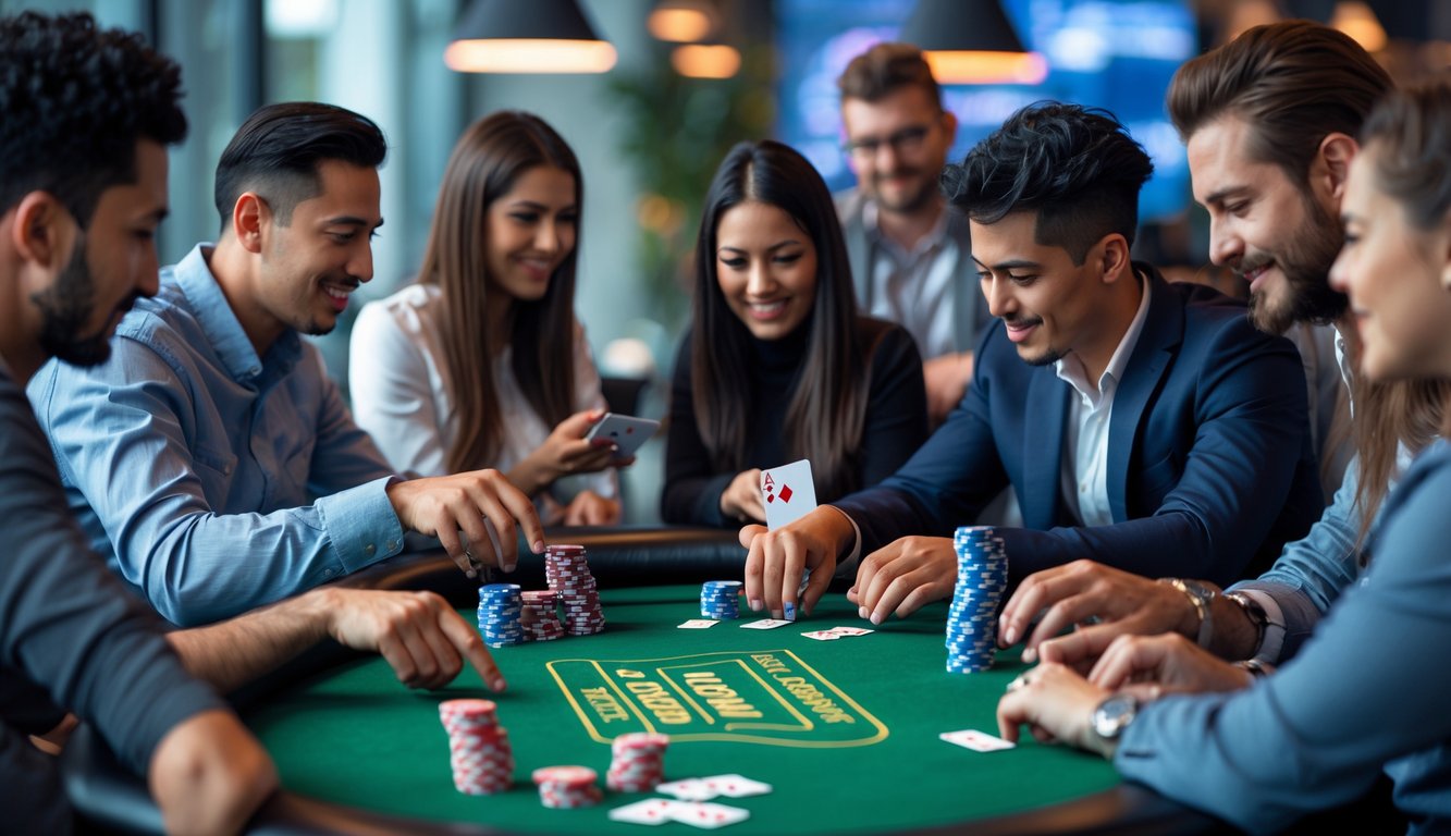 Sekelompok orang bermain poker di meja dengan kartu dan chip poker di dalam ruangan yang terang.