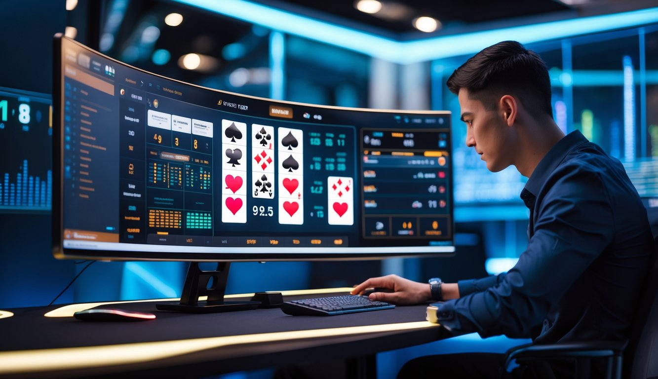 Seorang pria fokus menggunakan komputer dengan layar menampilkan kartu poker dan grafik strategi poker online di meja kerja modern.